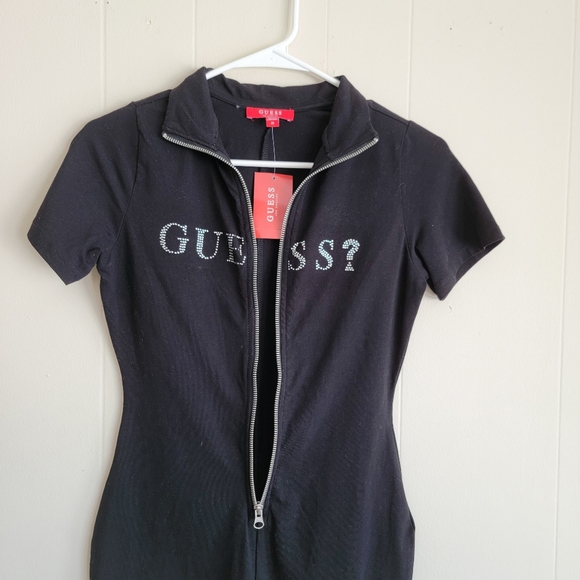 GUESS Nivia Black Zip-Up Short Sleeve Logo Romper - Picture 2 of 4